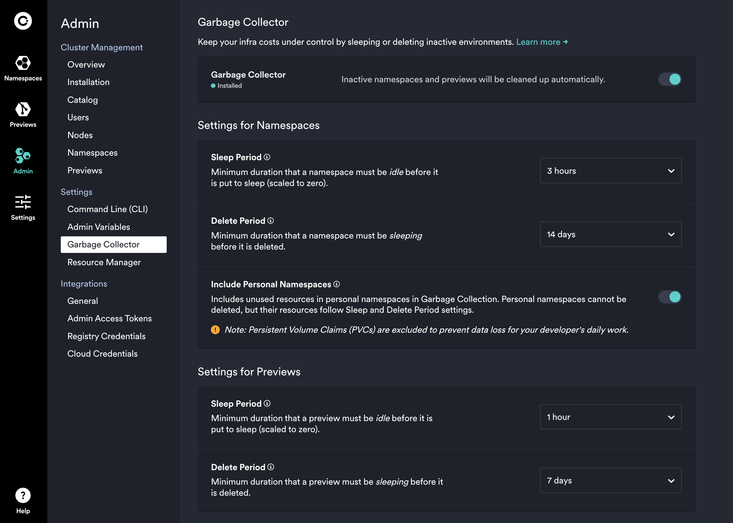 garbage collector settings in the admin dashboard