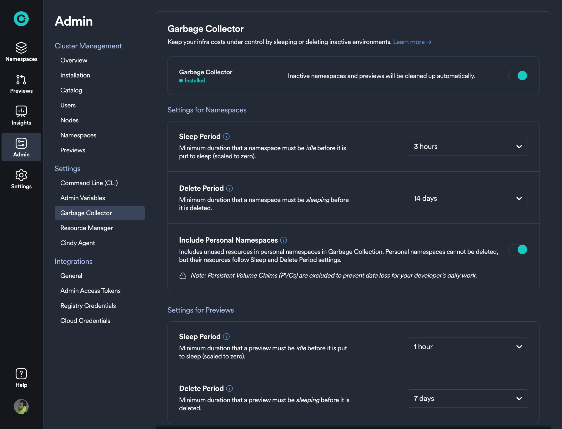 garbage collector settings in the admin dashboard