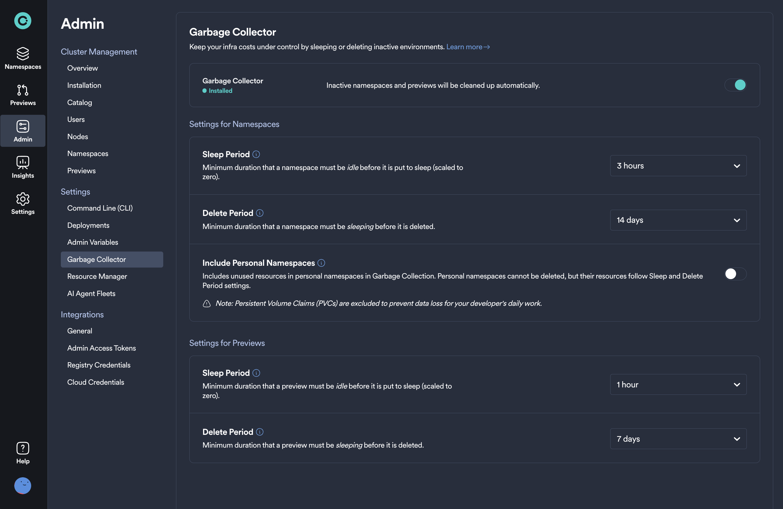 garbage collector settings in the admin dashboard